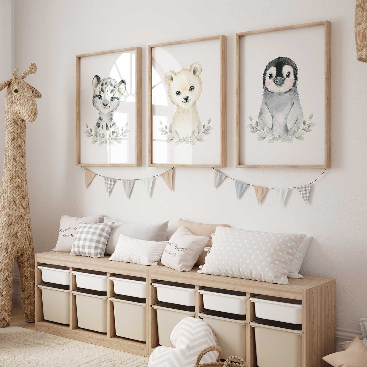 arctic animal nursery wall art set of three with penguin polar bear and snow leopard