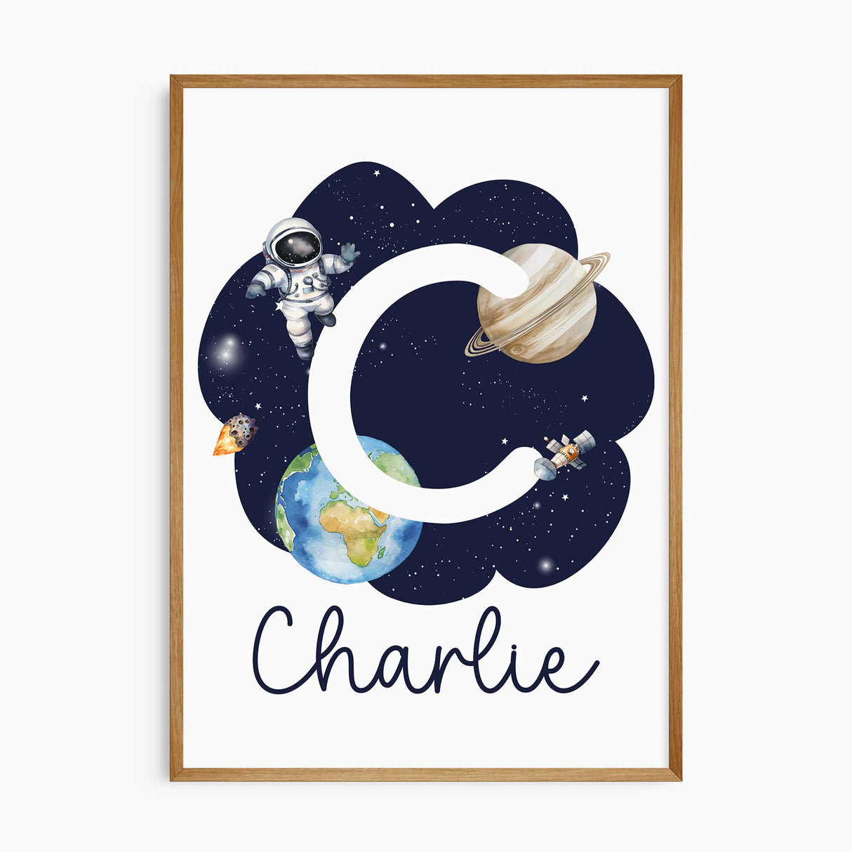 Personalised initial wall art with astronaut and planet for boys room