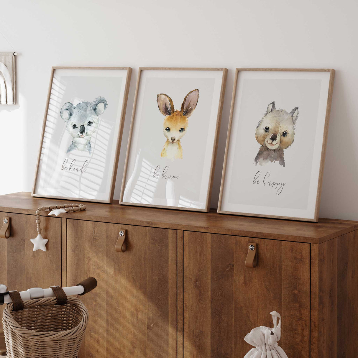 Australian animal nursery print set with koala, kangaroo and wombat illustrations