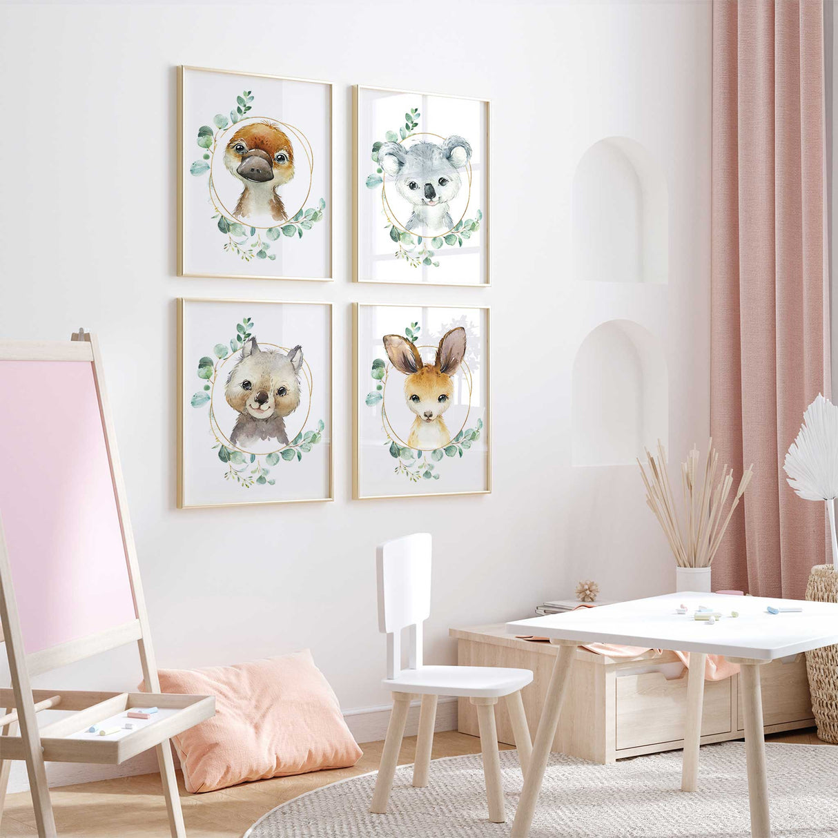 Baby room Australian animal wall art set of 4 with eucalyptus accents