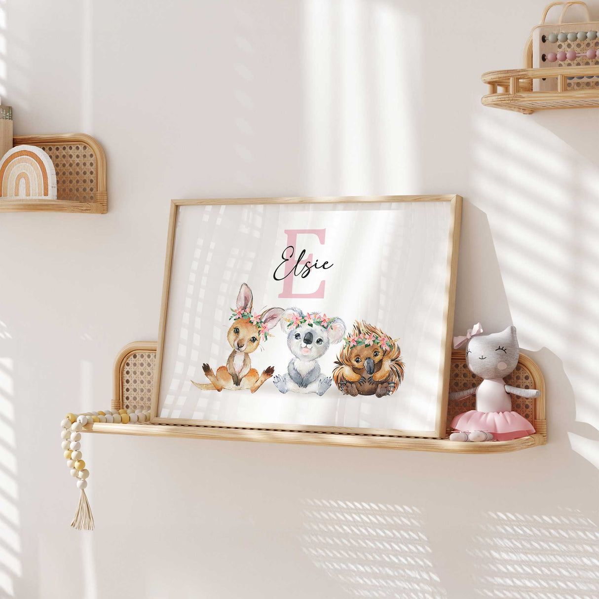 Australian animal wall art for girls bedroom in soft pastel tones