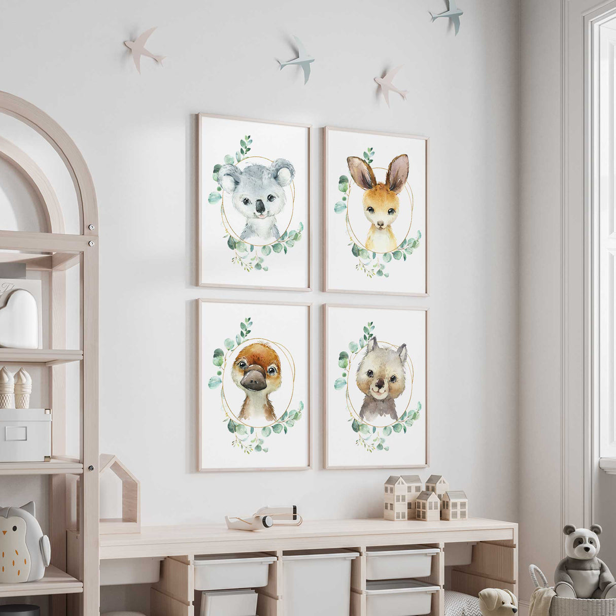 Gender neutral nursery wall art set of 4 Australian animals with eucalyptus leaves