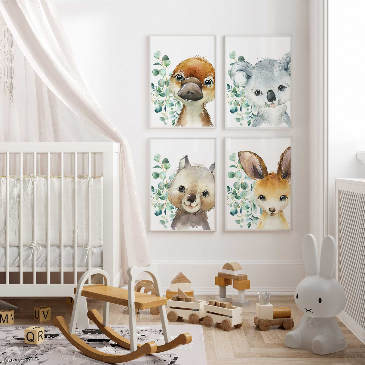 Set of 4 Australian animal nursery prints including koala, kangaroo, wombat and platypus, perfect for baby and kids wall art.
