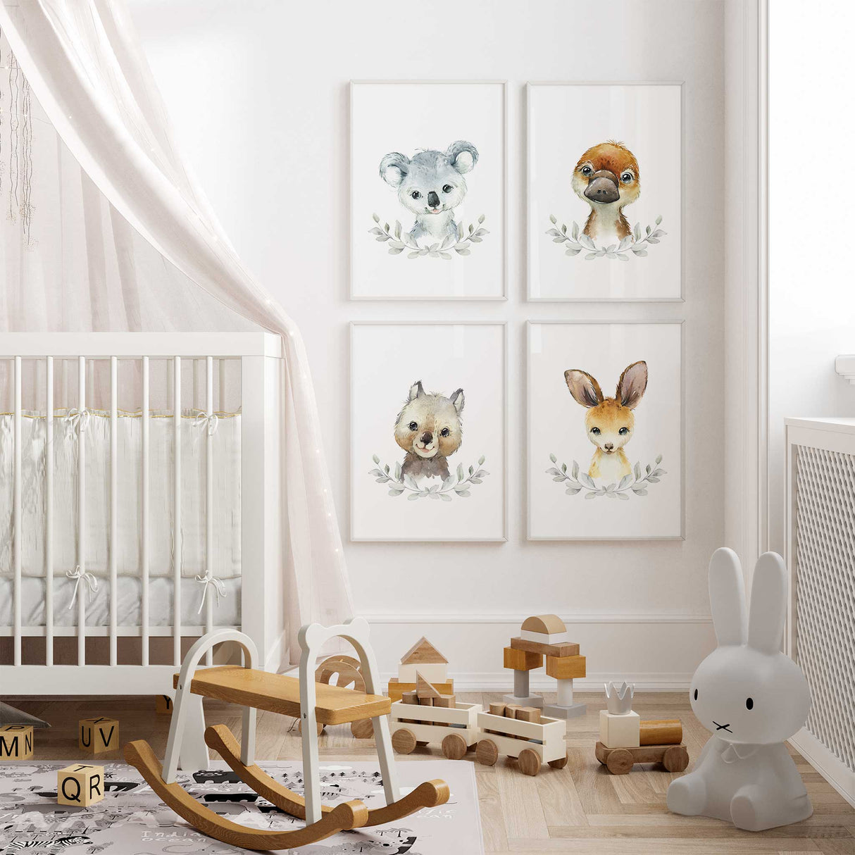 Set of 4 Australian animal nursery prints with koala, platypus, wombat, and kangaroo