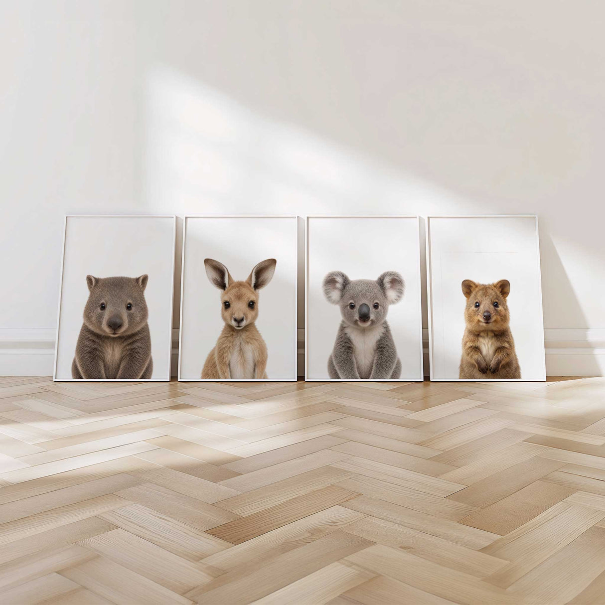 Australian animal nursery wall art set with wombat, kangaroo, koala and quokka prints