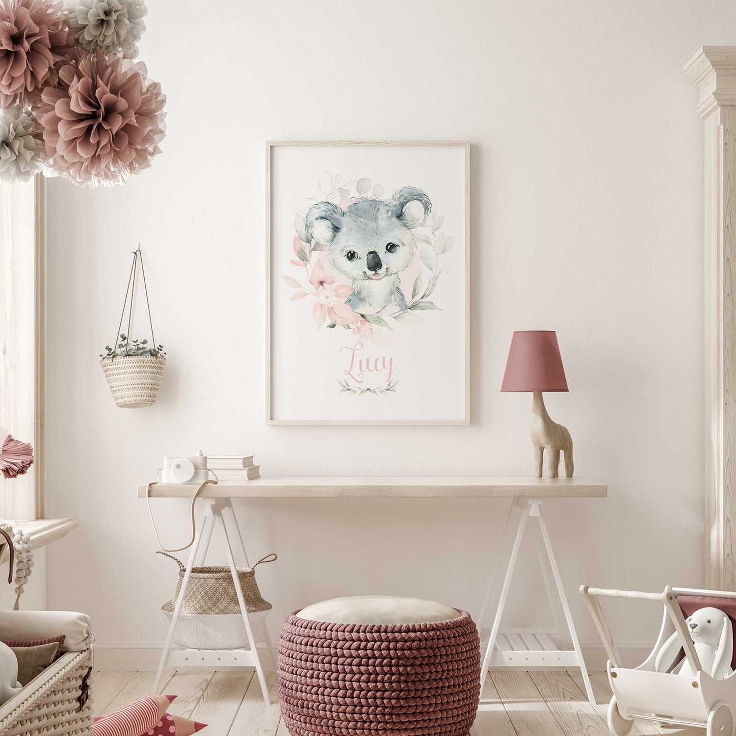 Australian koala animal wall art print with floral accents, perfect for personalised nursery decoration