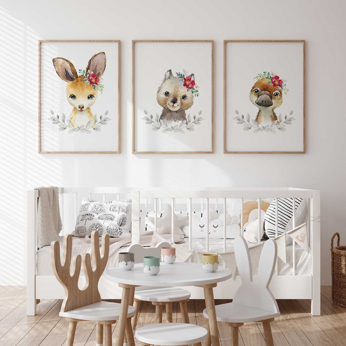 Australian animals floral nursery wall art set in soft pastel colours for girls room