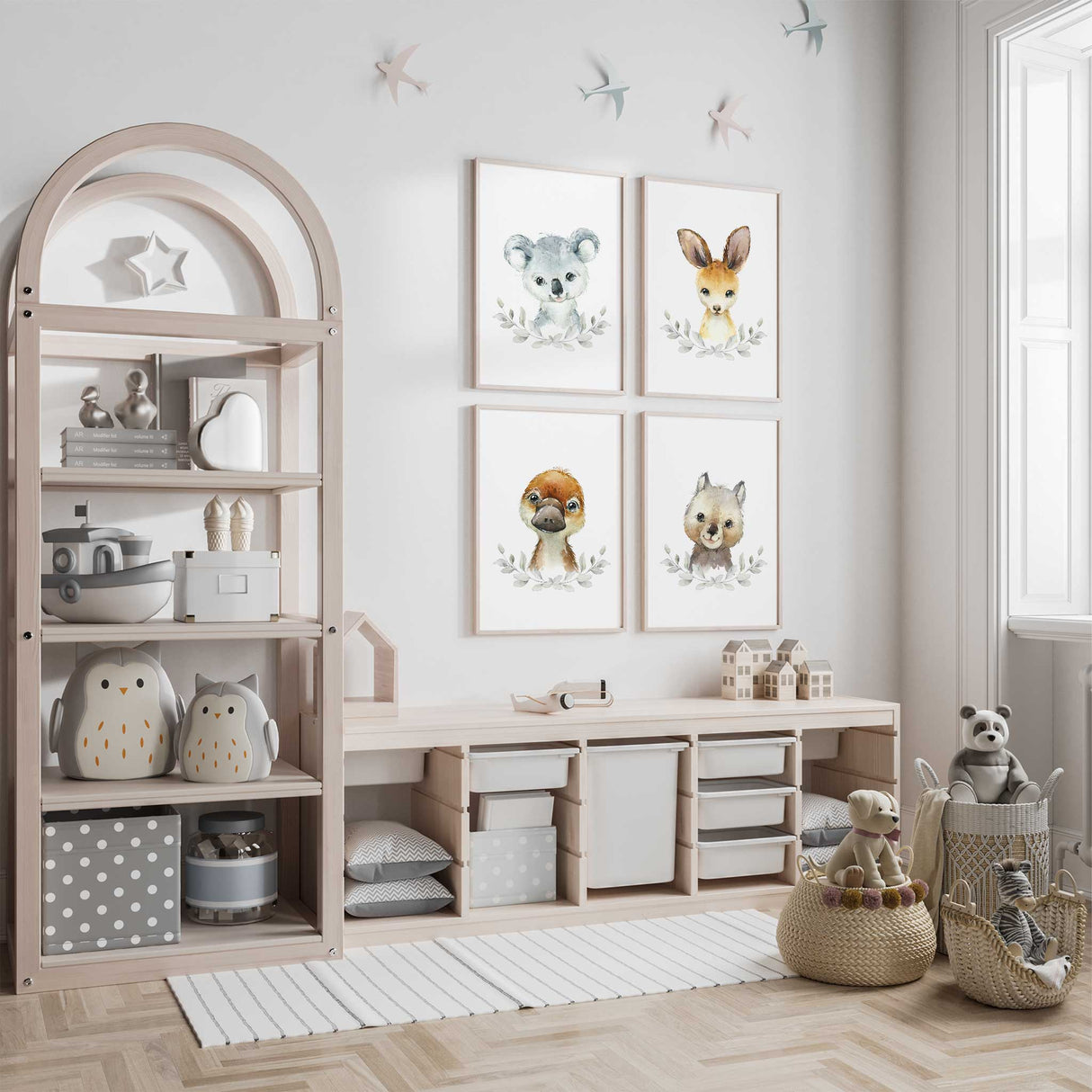 Cute Australian animals nursery wall art set featuring a koala, kangaroo, platypus and wombat on soft minimalist backgrounds, perfect for boys or girls room décor and modern kids wall art collections.