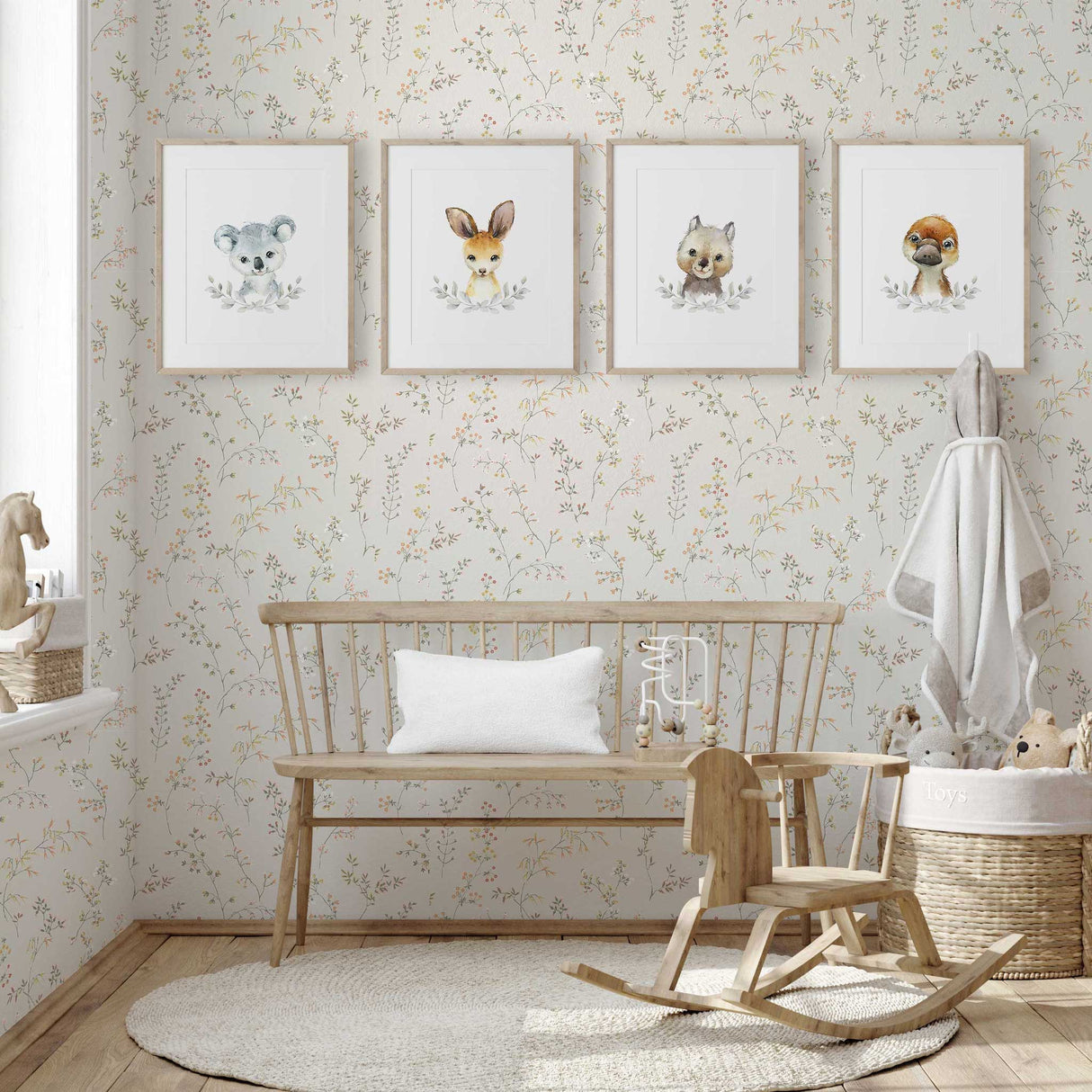 Australian baby animals print set with koala, kangaroo, platypus and wombat illustrations in a soft minimalist style, ideal for nursery wall art and kids bedroom décor in modern neutral spaces.