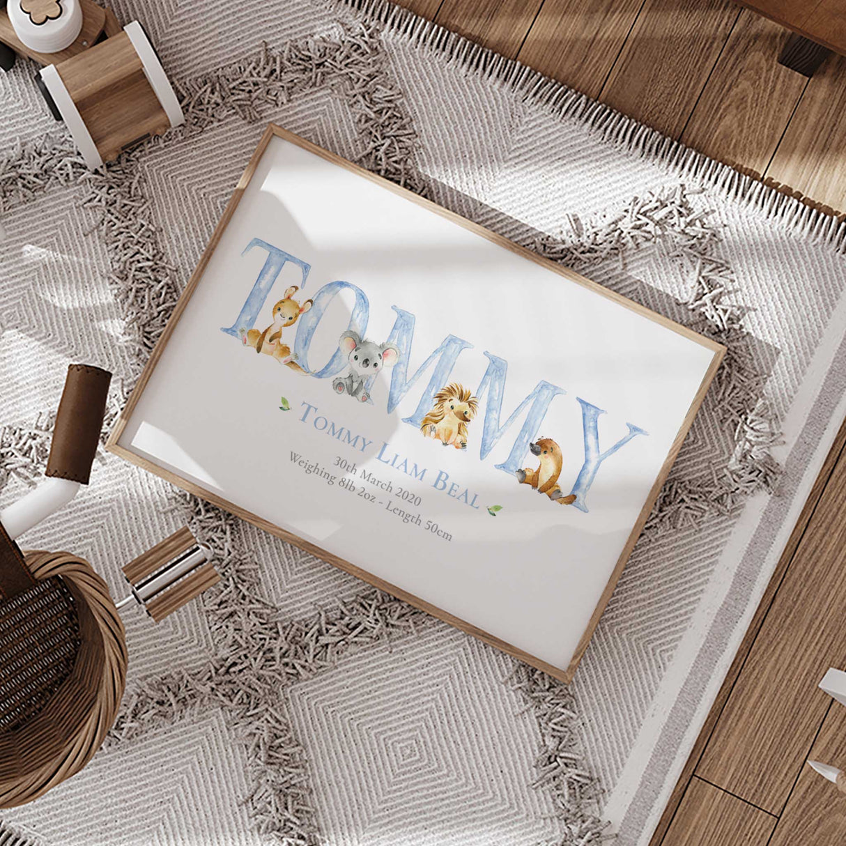 Playful nursery wall art with Australian animals and birth stats, a sentimental baby gift
