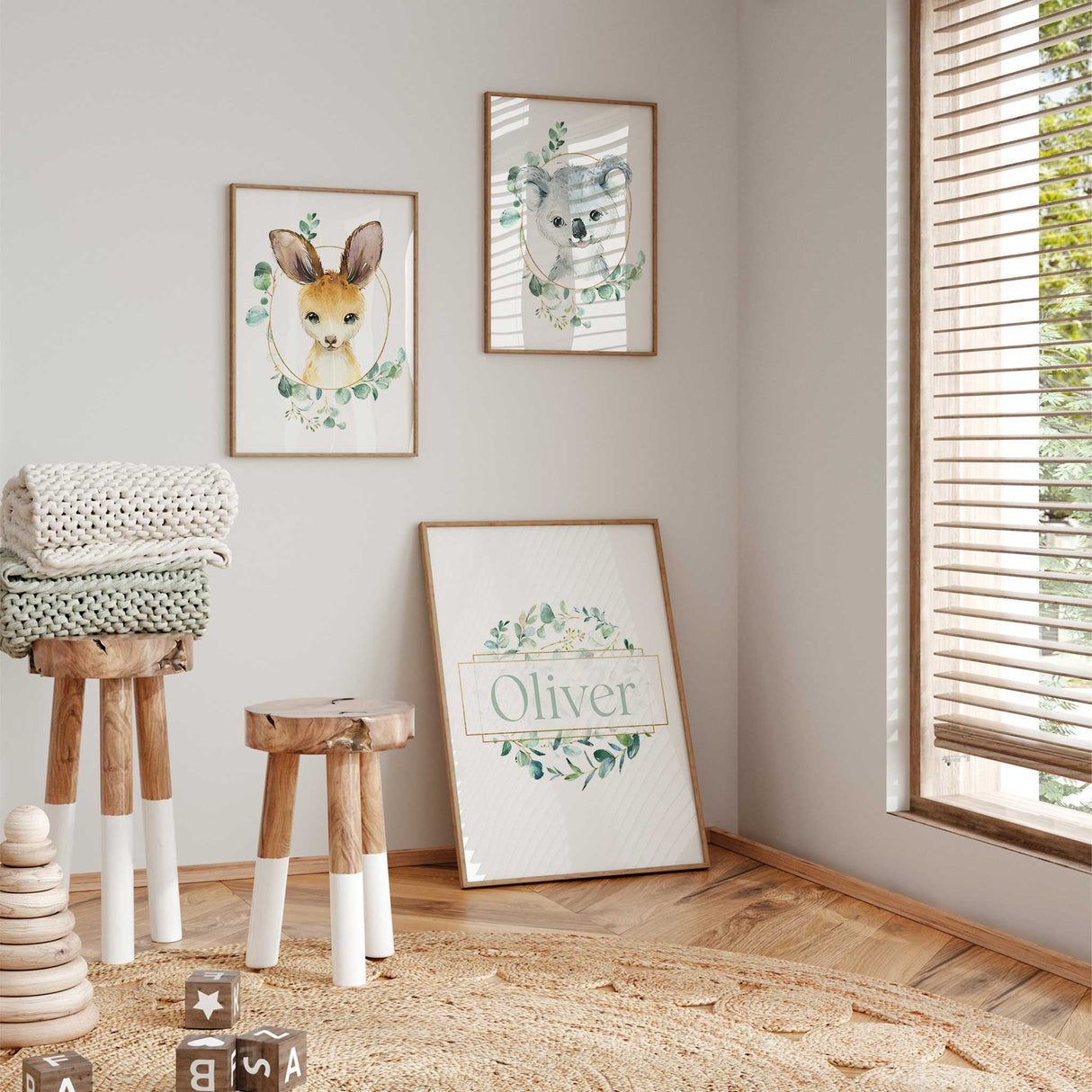 Australian animal prints featuring koala and kangaroo for children’s bedroom décor