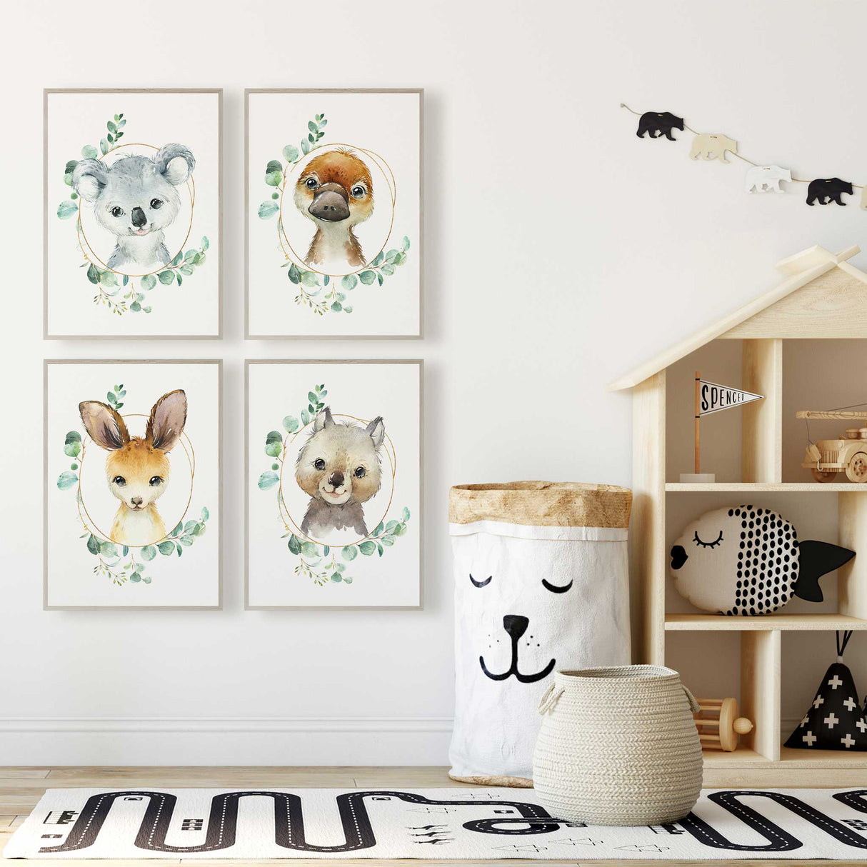 Australian wildlife nursery print set featuring platypus, koala, wombat and kangaroo