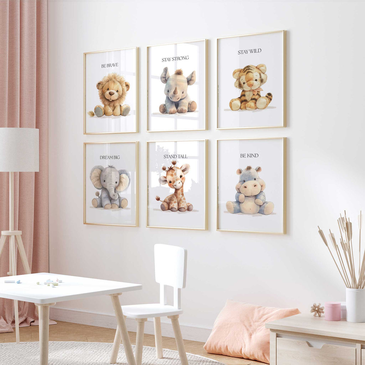 "Set of six neutral safari animal nursery prints with inspirational quotes, perfect as gender-neutral wall decor for children's rooms and baby nurseries."