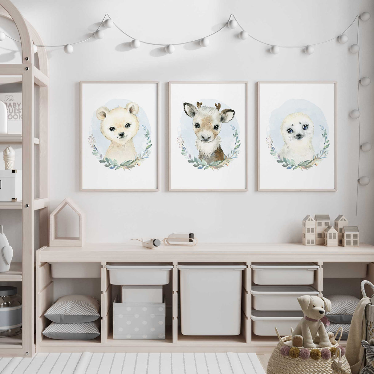 Baby room wall decor featuring polar bear reindeer and seal illustrations