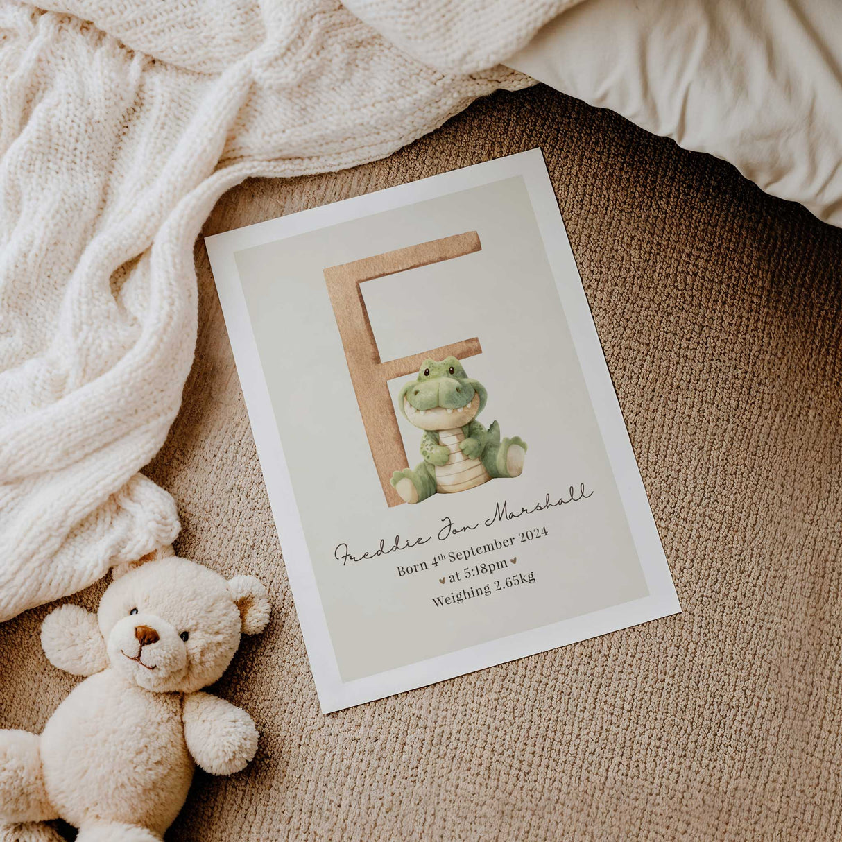 Personalised alligator nursery print featuring custom baby name and birth stats in safari animal theme