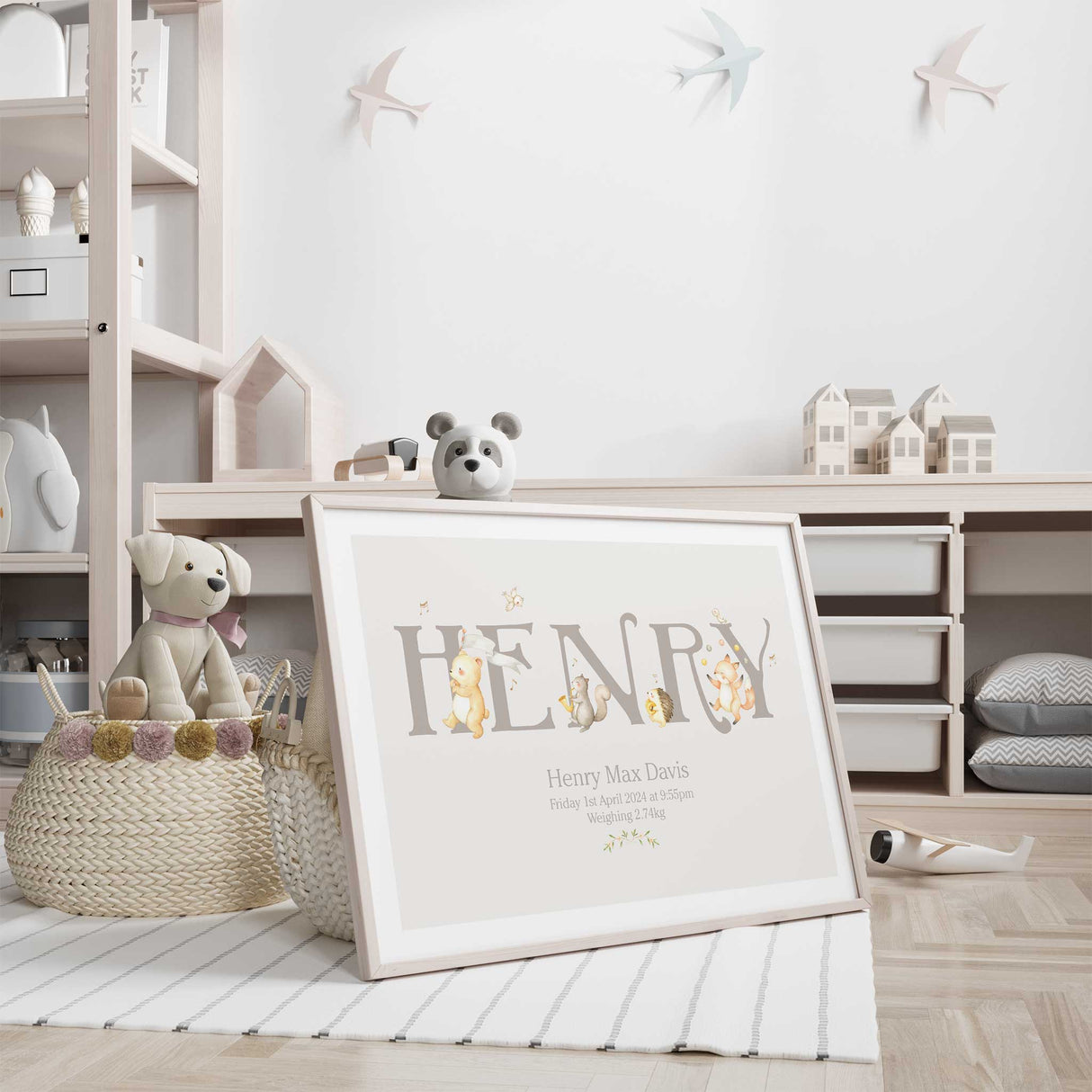 Baby boy woodland decor print with personalised name and soft pastel animals