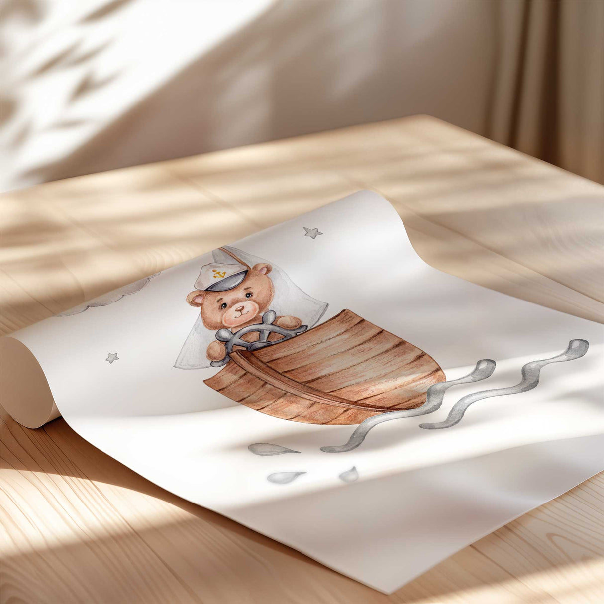 Custom boys nursery wall prints with teddy bears in transport scenes, ideal baby gift or kids’ room decor.