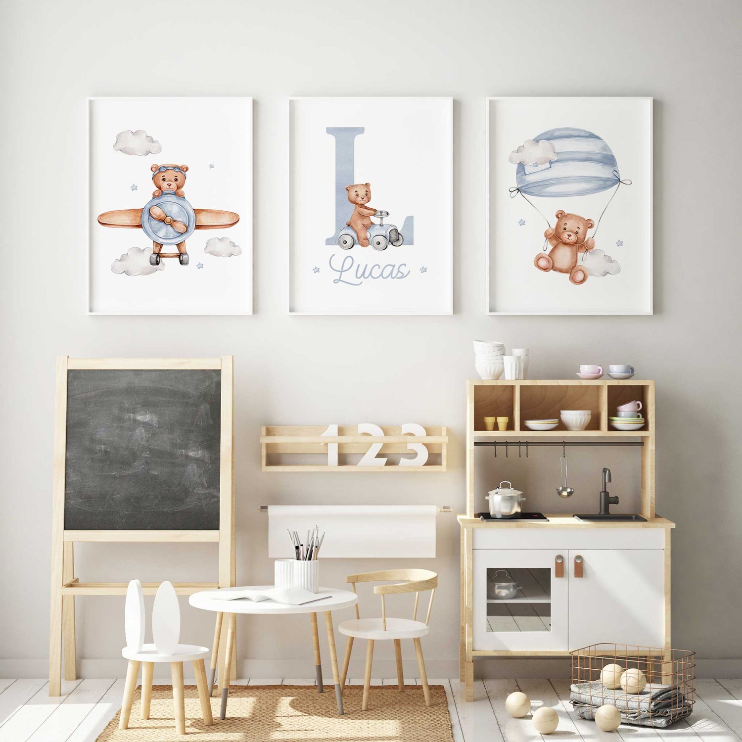 Soft pastel teddy bear nursery prints for boys room