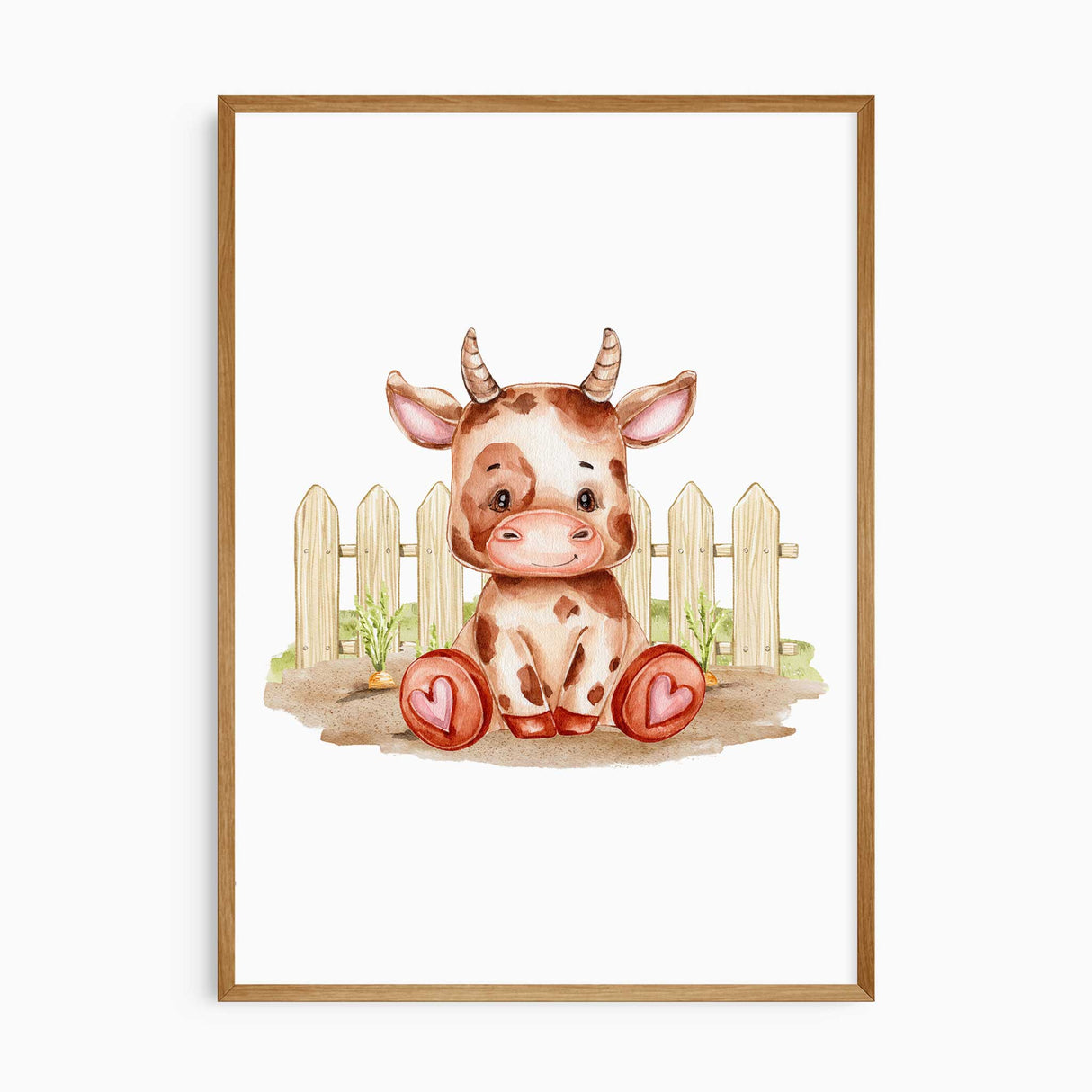 Baby cow wall art print in soft watercolor tones, perfect for farmhouse nursery, kids bedroom, or country themed playroom decor.