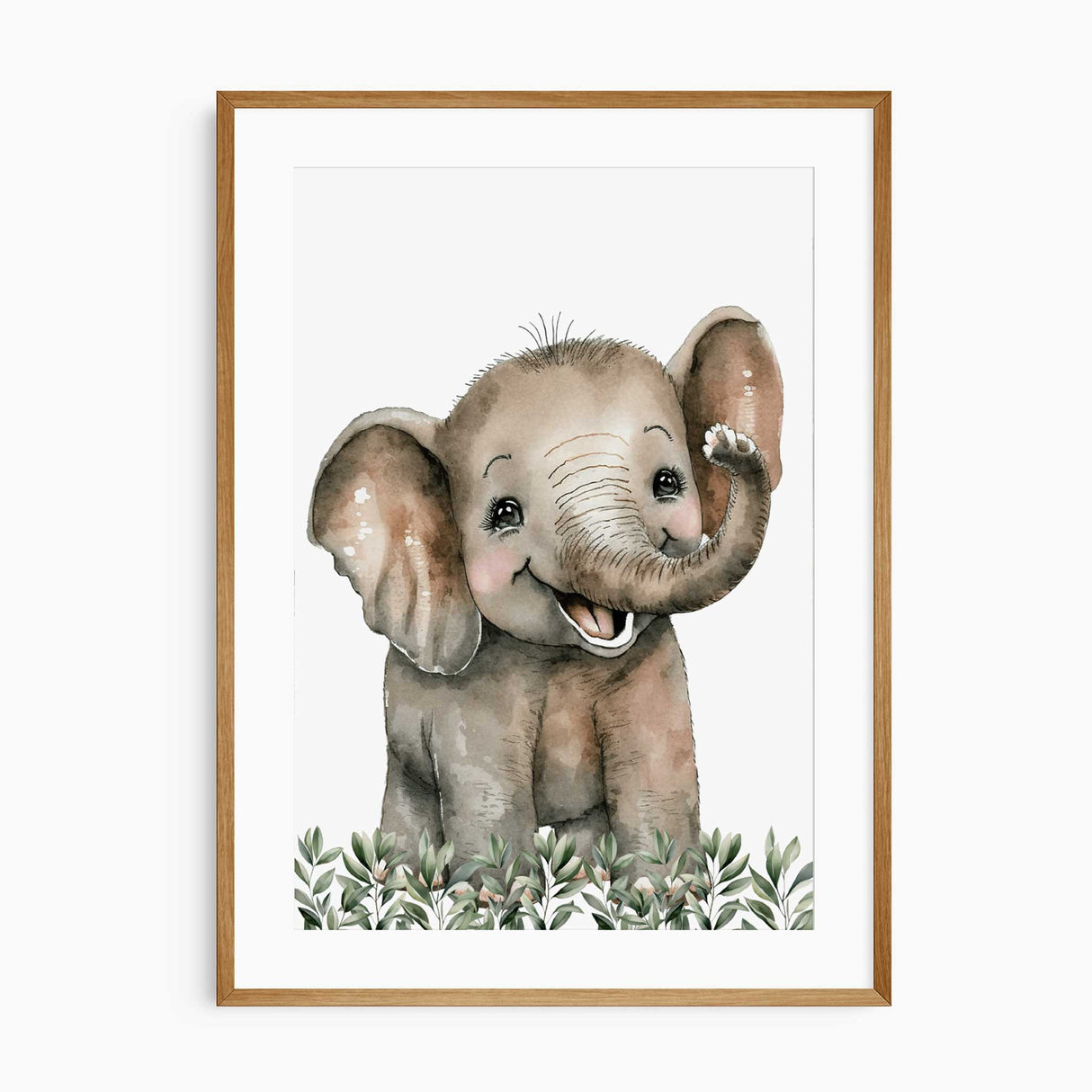 Cute baby elephant watercolour nursery print with greenery, ideal for safari themed kids room wall art.