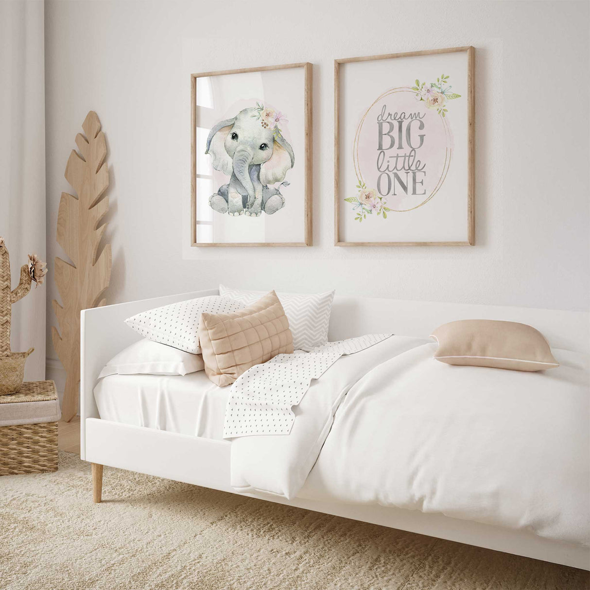 baby elephant nursery wall art set with dream big little one quote print