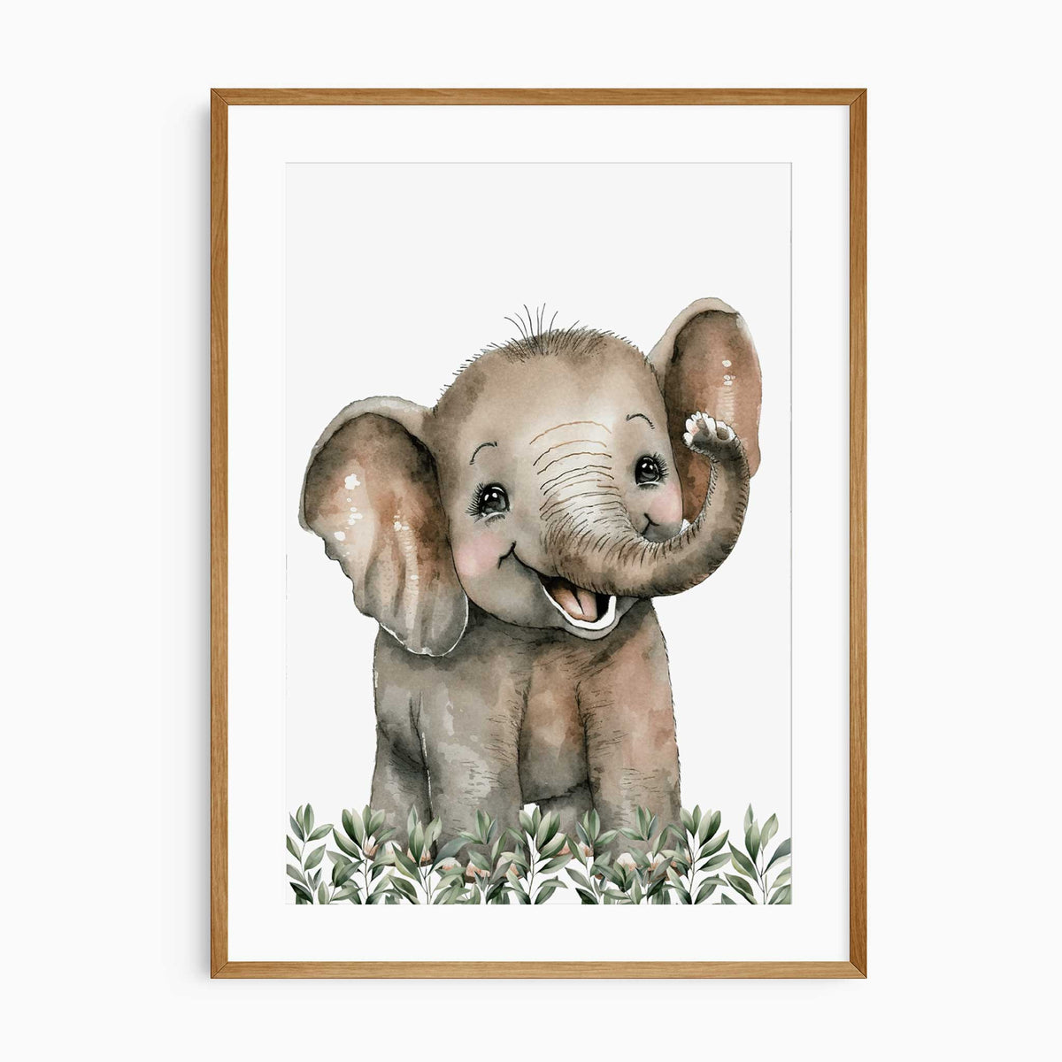 Watercolour baby elephant with a raised trunk, pink cheeks and green leafy foliage on a light background.