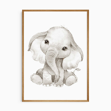 Baby elephant wall art in grey neutral tones for safari nursery