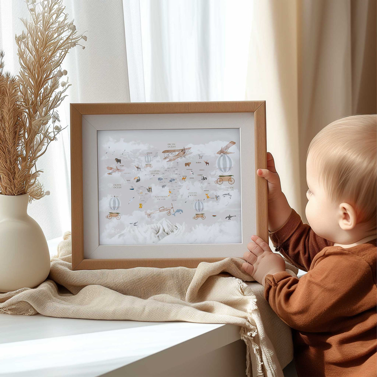 Stylish and educational animal world map print for bab bedroom wall art