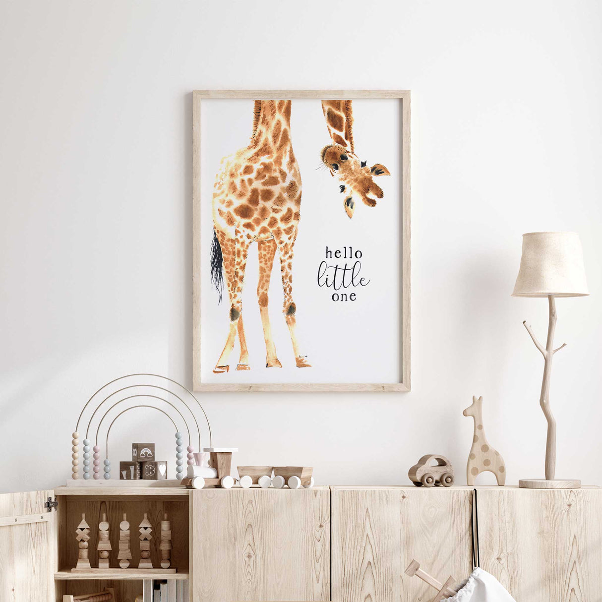 Baby giraffe wall art print with soft safari design