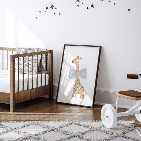 Cute baby giraffe illustration print with large bow for nursery decor