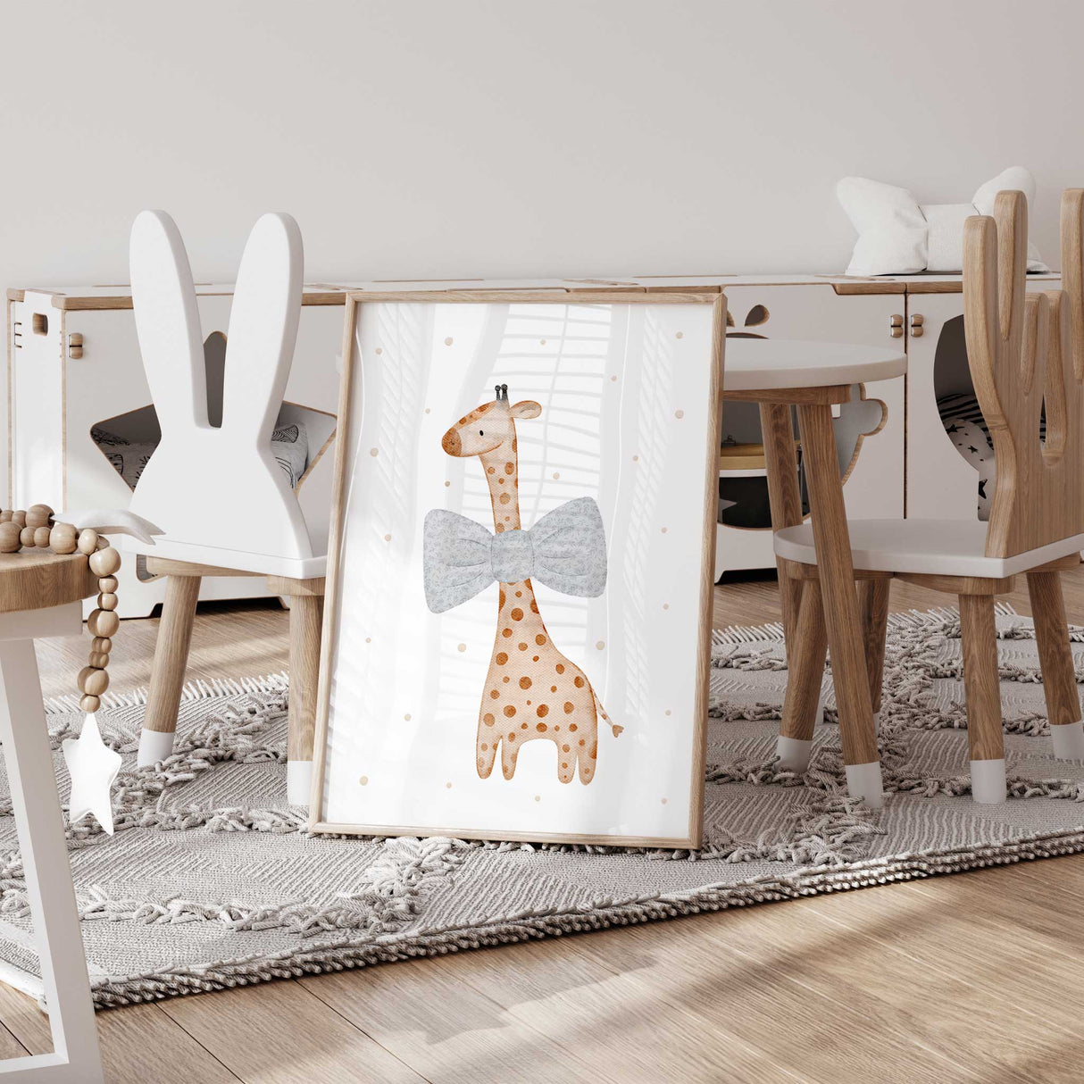 Gender neutral giraffe nursery art featuring hand-drawn animal design