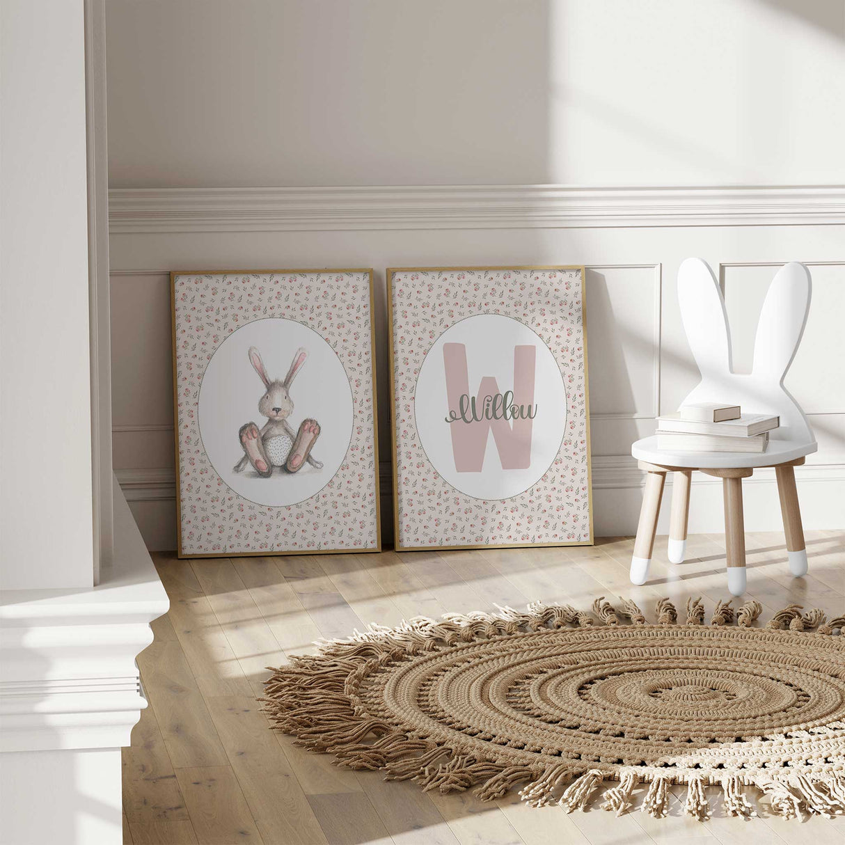 Floral nursery print set for baby girls with bunny and personalised name.