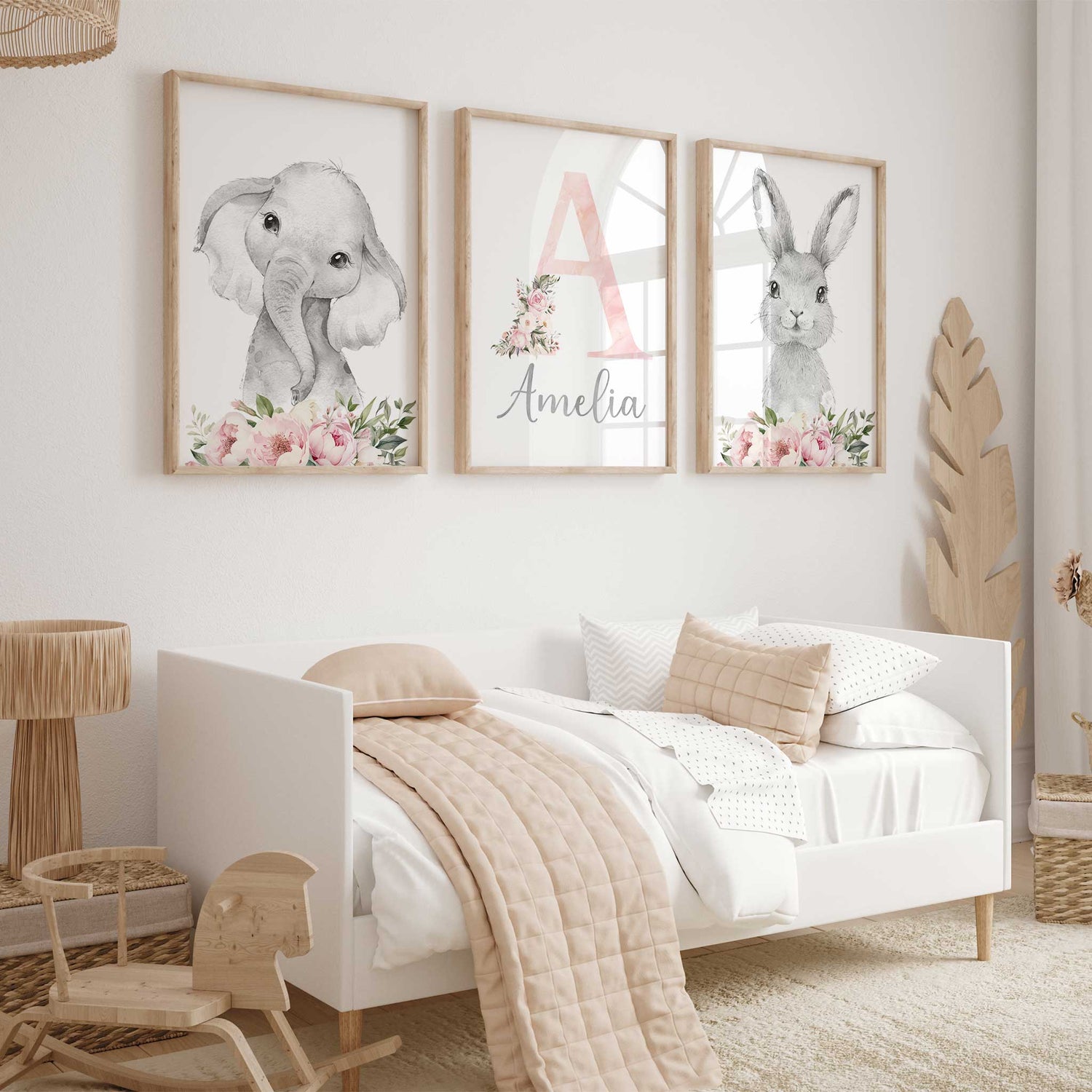 Set of 3 nursery prints featuring bunny, elephant, and name for girls