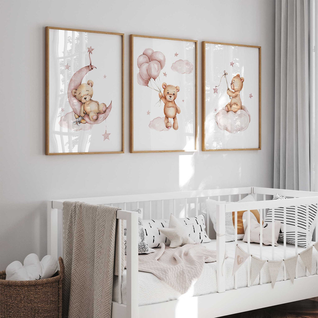 Baby girl room artwork with teddy bears, clouds, and stars