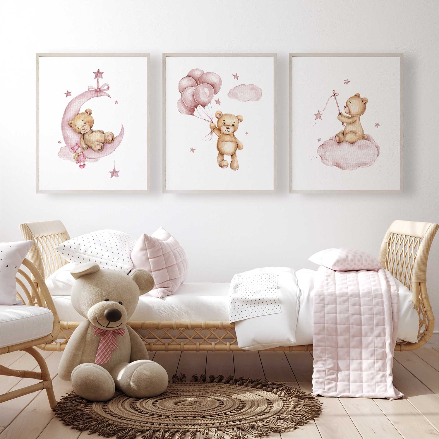 Whimsical teddy bear sitting on cloud holding stars, nursery wall decor.