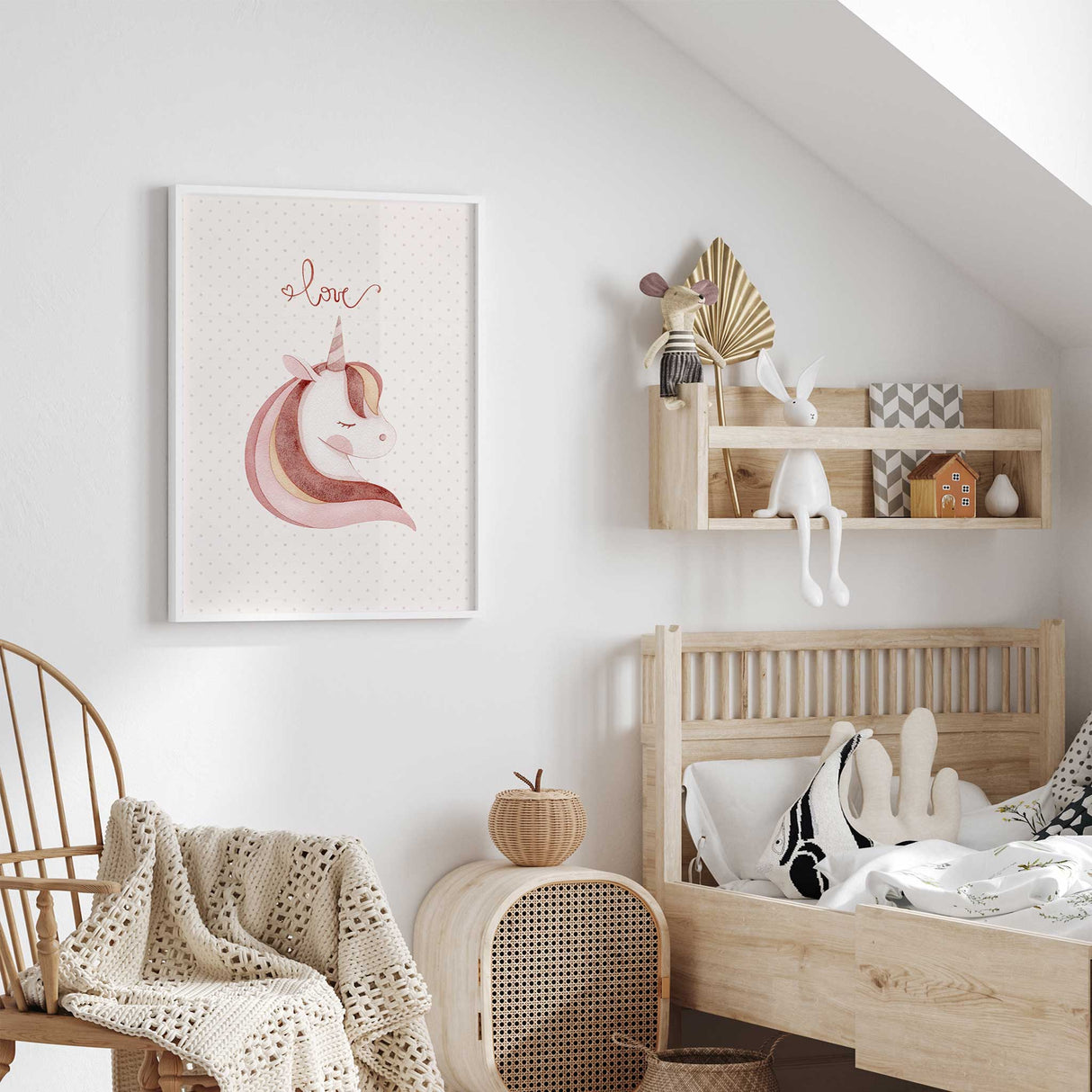 Blush pink unicorn wall art for girls nursery or bedroom styling