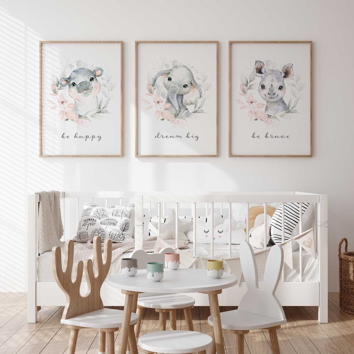 Baby girl safari animal nursery wall art set with hippo, elephant and rhino prints