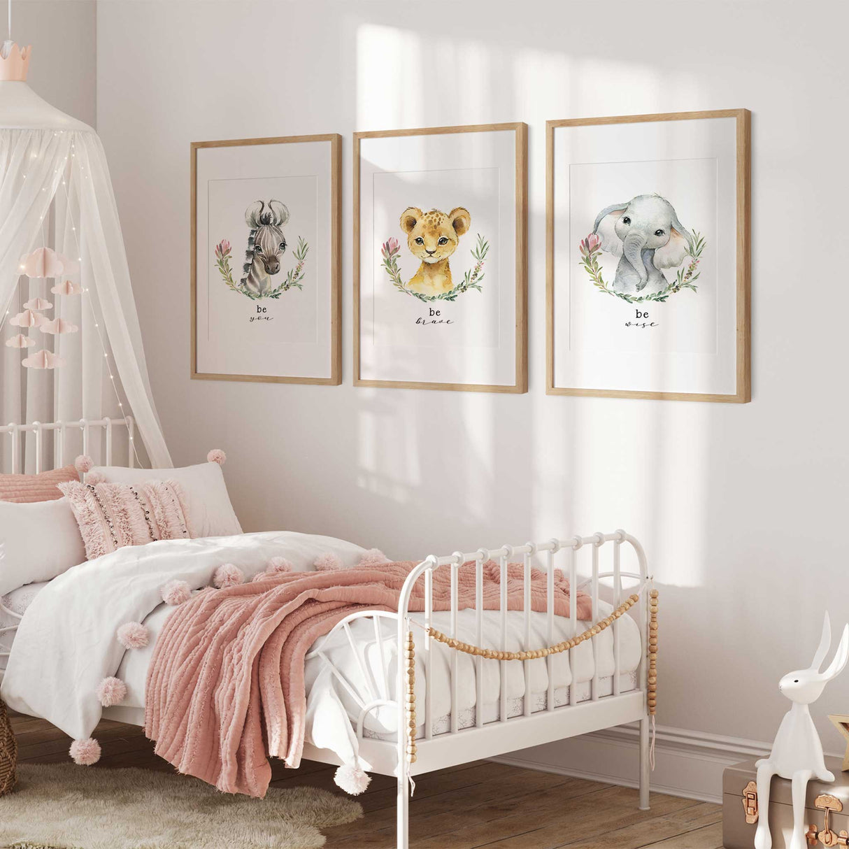 Baby girl safari wall art for nursery with soft watercolour animals