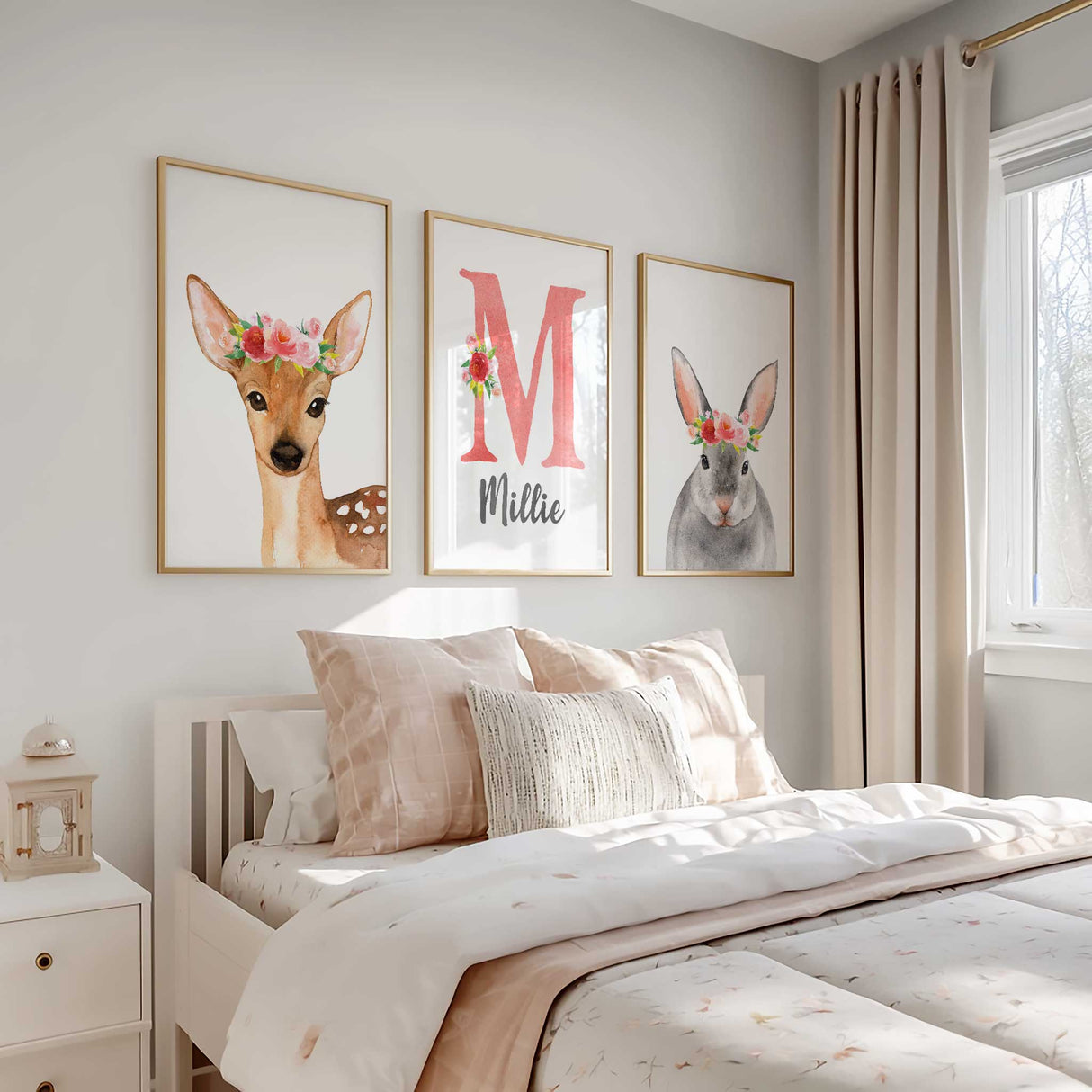 Baby girl woodland animal nursery print set with soft watercolour artwork