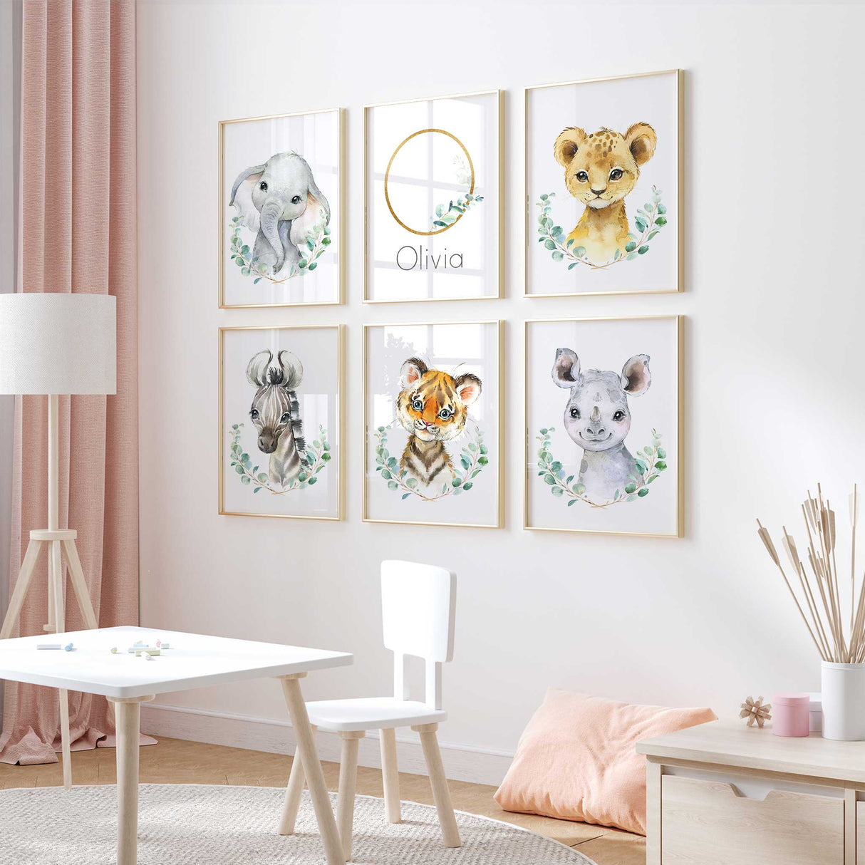 Baby lion elephant and tiger watercolour nursery prints with eucalyptus