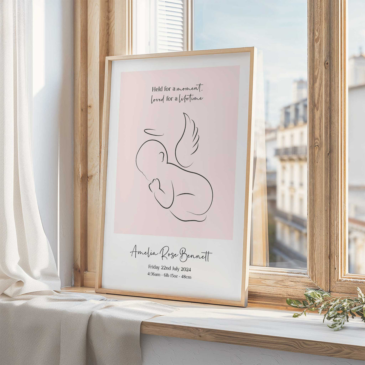 Custom baby loss keepsake print with angel baby line art and personalised name details