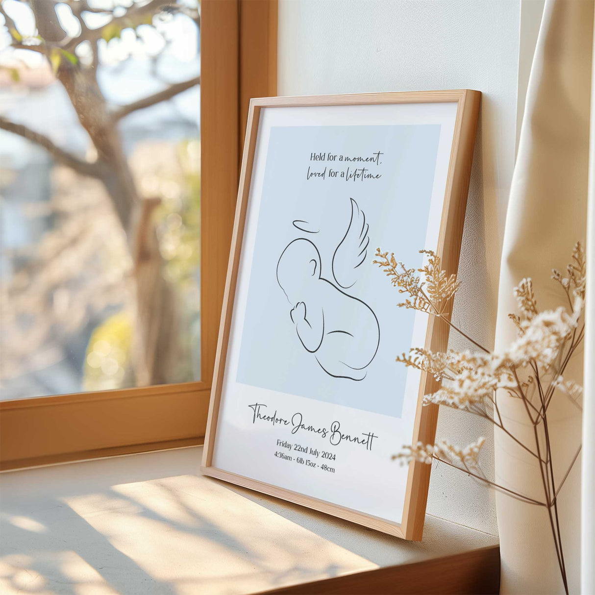 Baby memorial print available in pink and blue colour options with personalised details