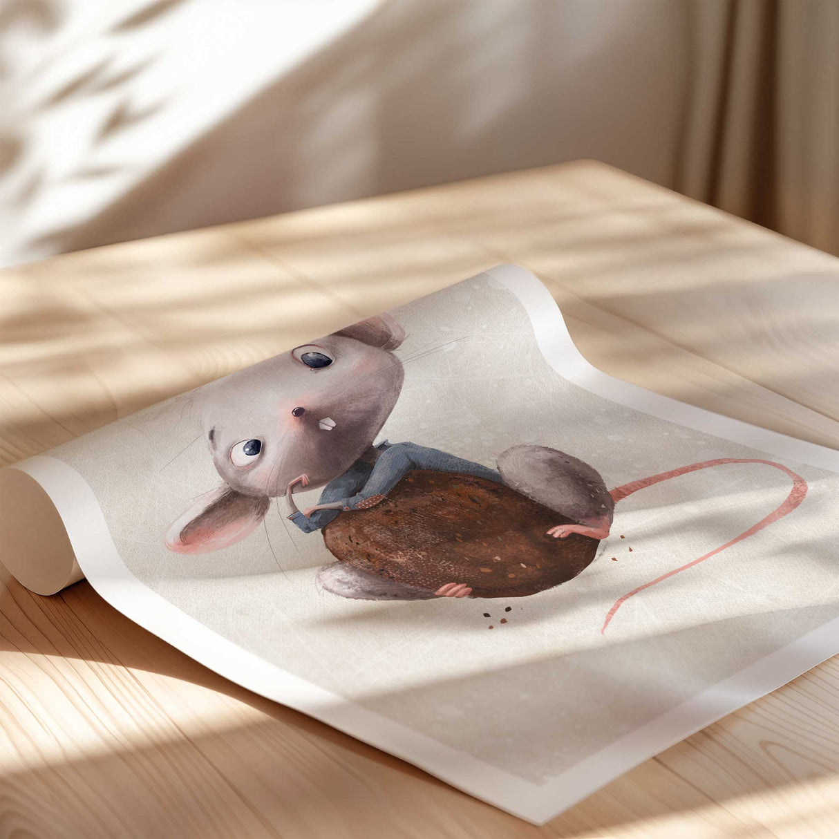 Baby mouse kids wall art featuring gentle character illustration in calming neutral colours for modern nursery interiors
