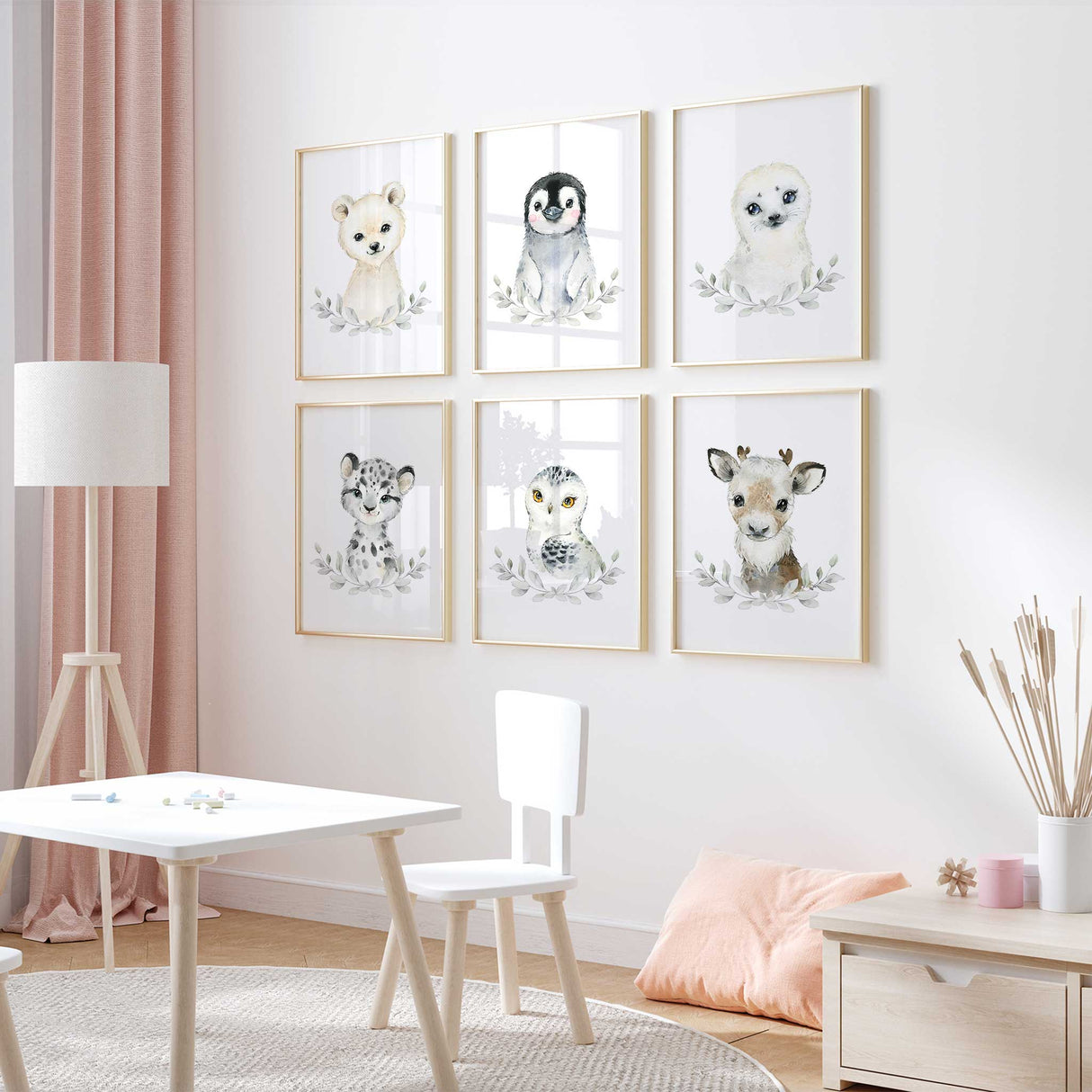 Neutral Arctic animal nursery wall art set with soft winter tones