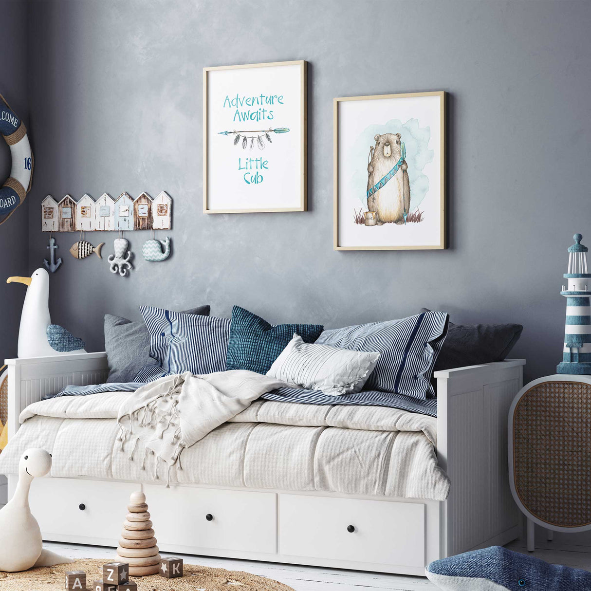 Adventure quote print and bear illustration set for decorating gender-neutral baby nursery