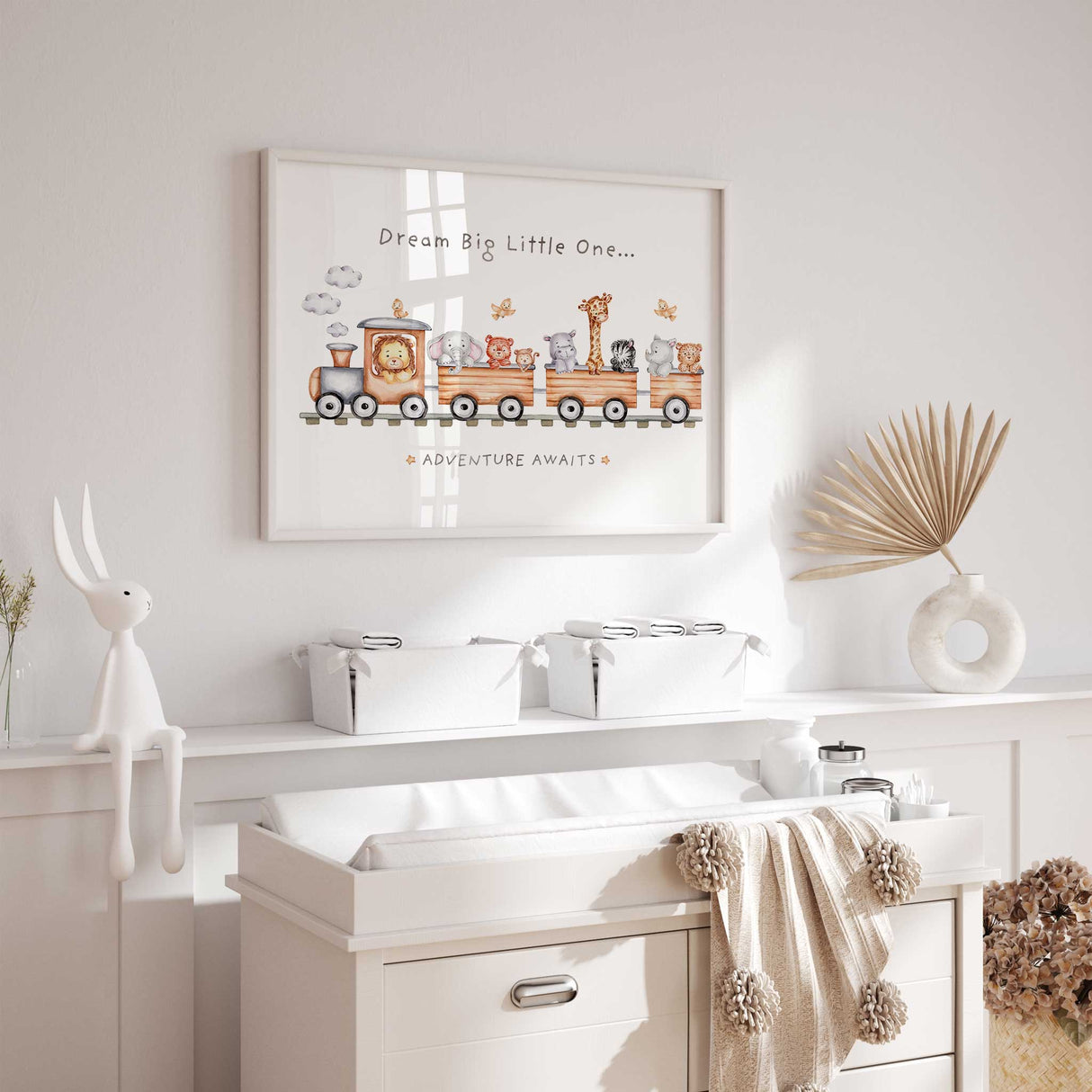 Baby room poster with safari animals in train and Dream Big Little One message for adventure-themed nursery