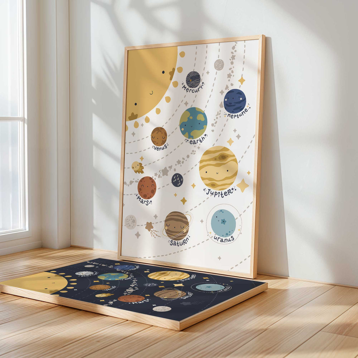 Space-themed nursery print with friendly planet illustrations