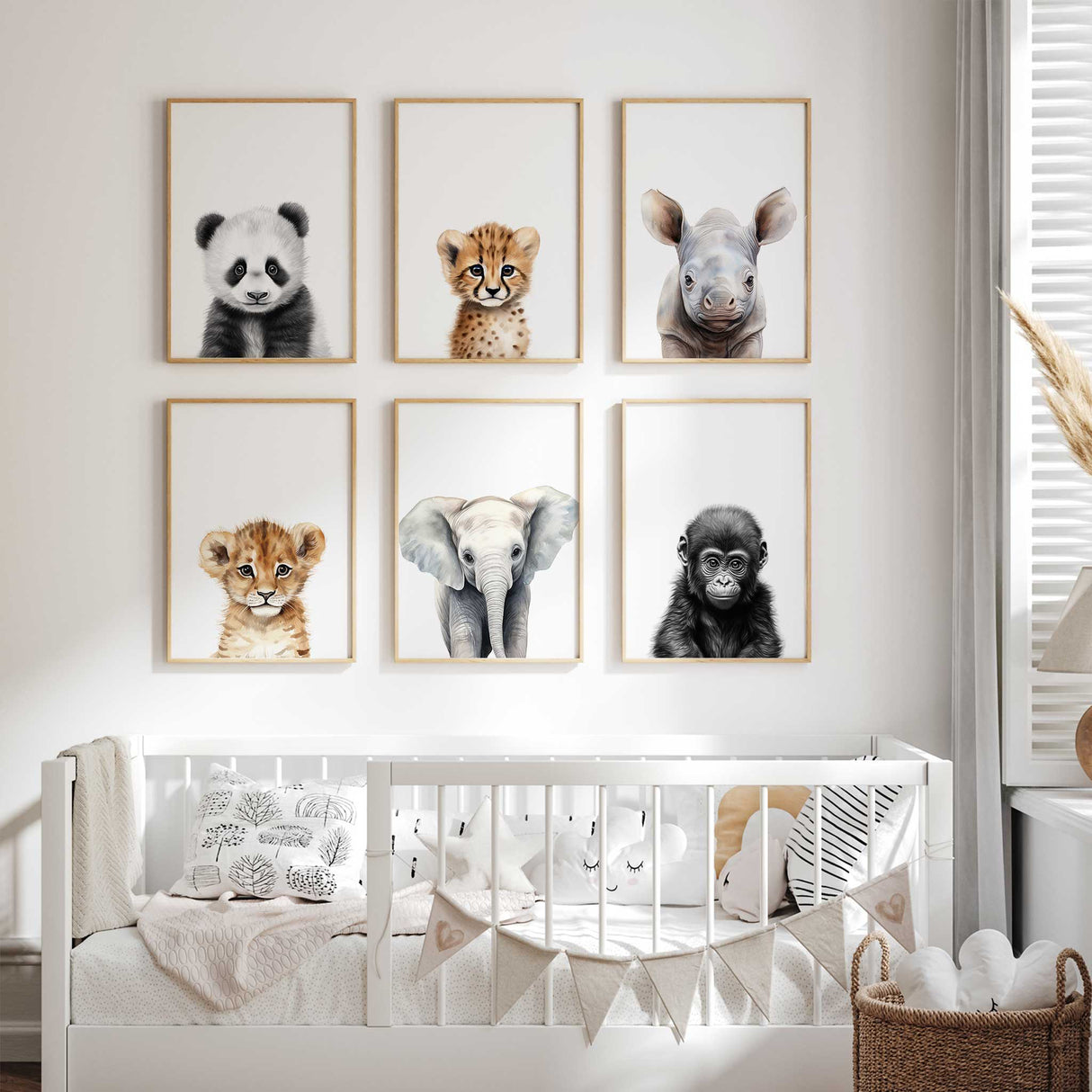 Baby room wall art featuring safari animals like zebra, lion, and rhino for a jungle-themed nursery.
