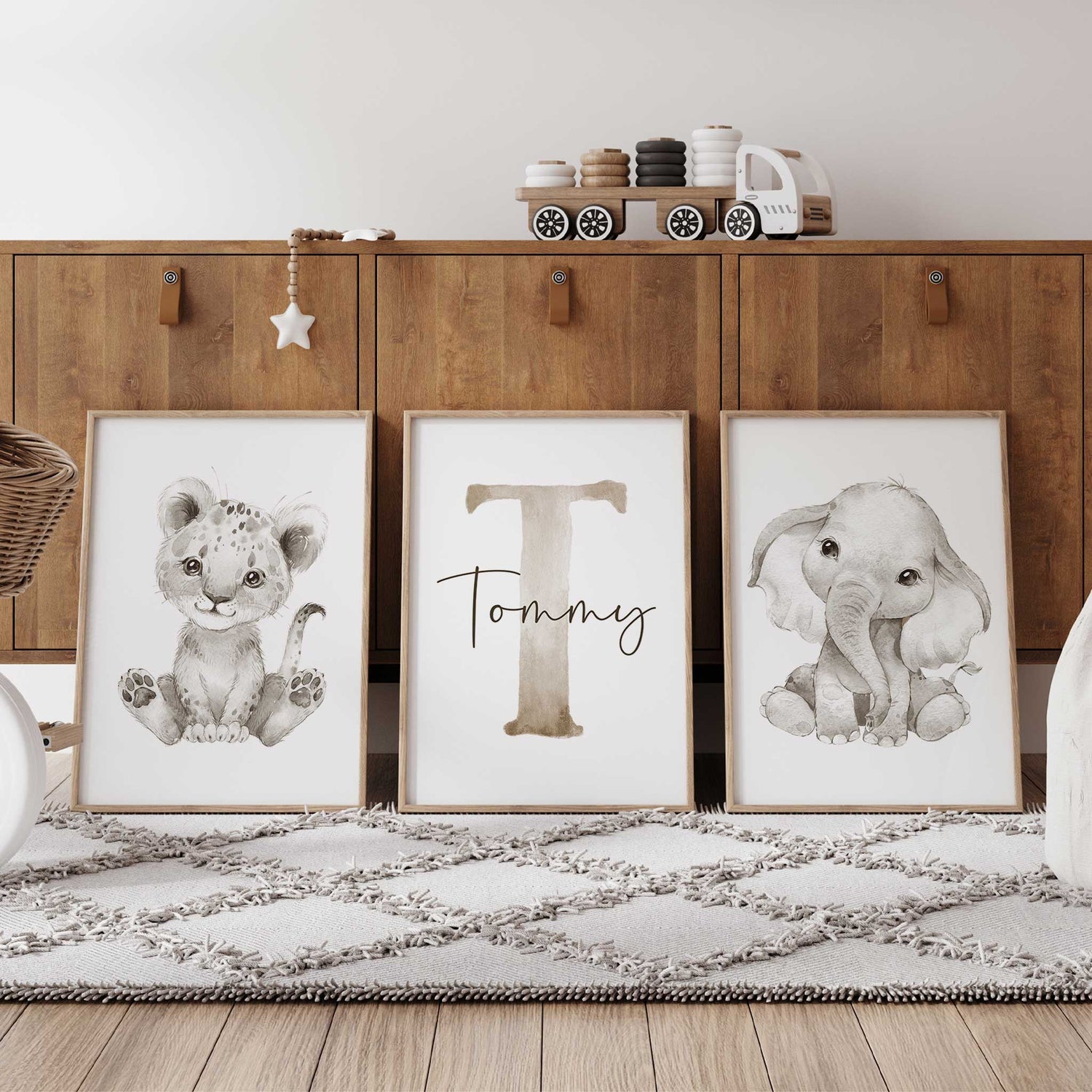 Set of 3 personalised safari baby animal prints for kids room