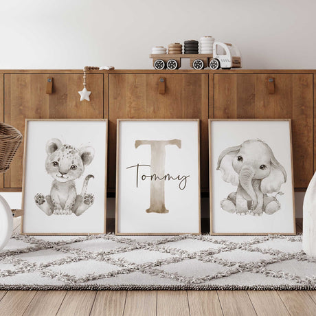 Set of 3 personalised safari baby animal prints for kids room